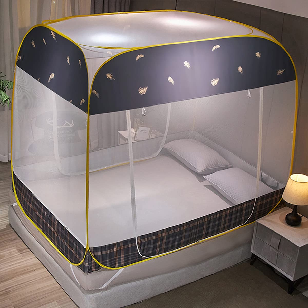 Moustiquaire Pop Up OKUOKA 1.5x2M auvent de lit pliable gris pour lits simples et doubles