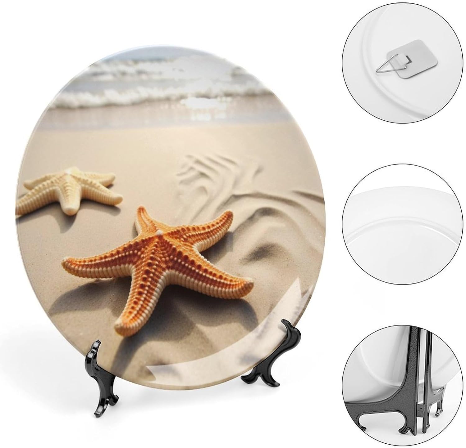 Beach Landscape Ceramic Plate 10inch Decorative Bone China Wall Hanging Ornament Plates Bohemian Style Dinner Plate with Display Stand Cabinet Display Plates for Home Art Decor