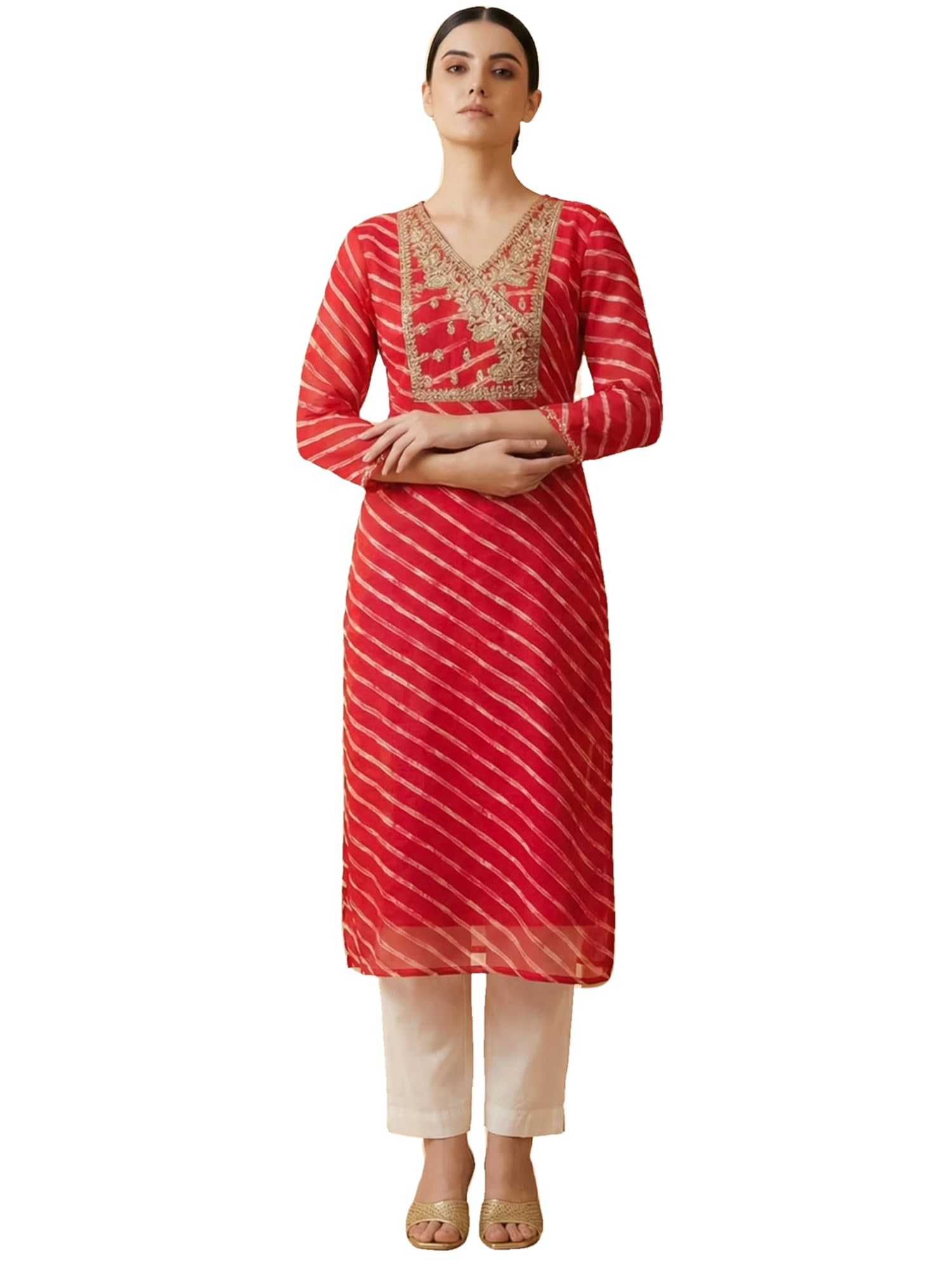 Women's Georgette Leheriya Printed Straight Calf Length Kurtas (IEAI12232)-image-34