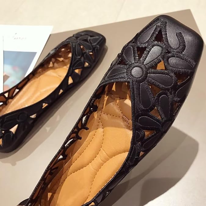WENJIAZHIZHI Women's Floral Ballet Flats Comfortable Dress Shoes Square Toe Slip on Flat Shoes with Breathable Eyelets