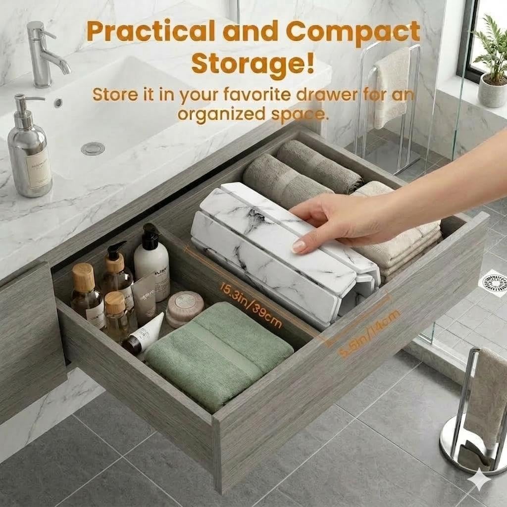 Premium Foldable Stone Bath Mat - Ultra Absorbent Quick Drying Compact Easy to Store & Clean Non-Slip Diatomaceous Earth Bath Shower Mat (Marble White)