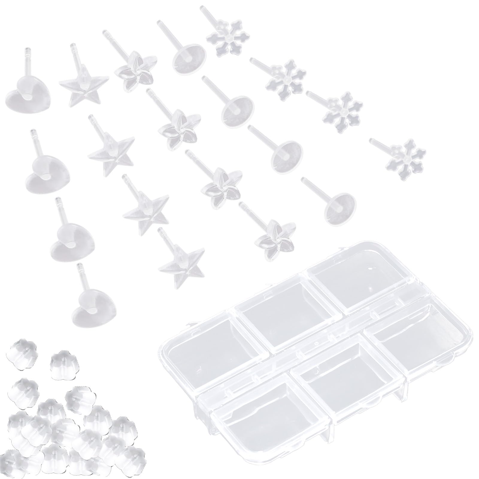 10 Pcs Clear Stud Earrings for Sensitive Ears-School-Safe, Hypoallergenic Silicone & Plastic Set with Storage Box