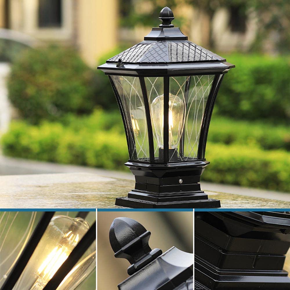 Mengjay Schwarz Außen Pollerleuchten Sockelleuchte Retro Wegeleuchten Aussen Antik E27 Wasserdichte IP44 Aluguss Glas Lampenschirm Garten Pfad Terrasse Hof Boden Säulelampe.