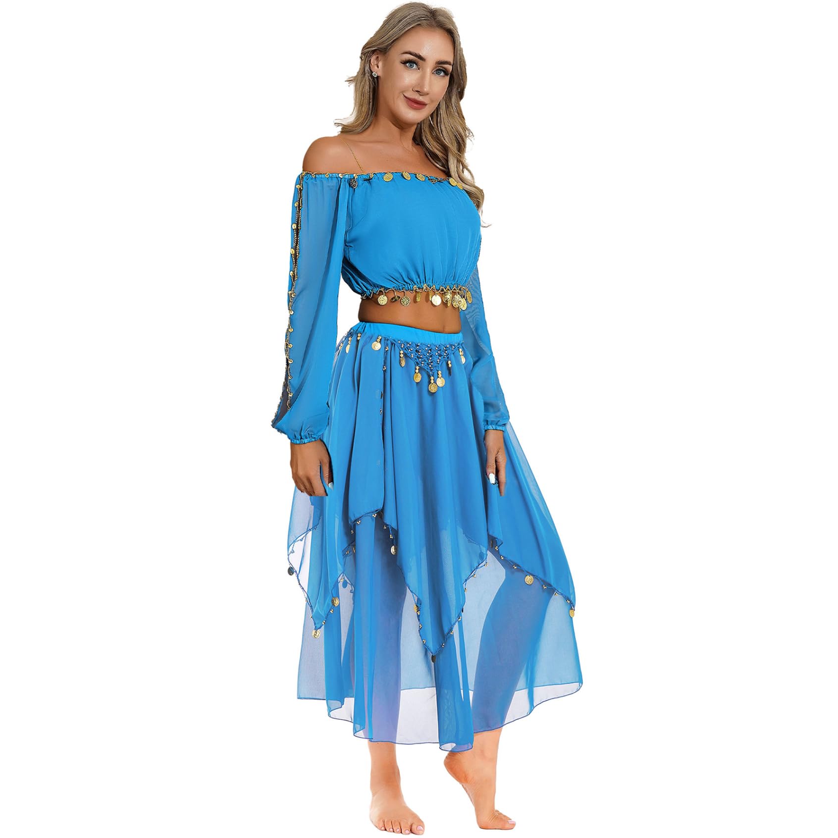 Ensemble De Costume De Danse du Ventre pour Femmes Haut Court À Manches Longues avec Jupe en Mousseline Robe Danse du Ventre Tenue Danseuse Orientale