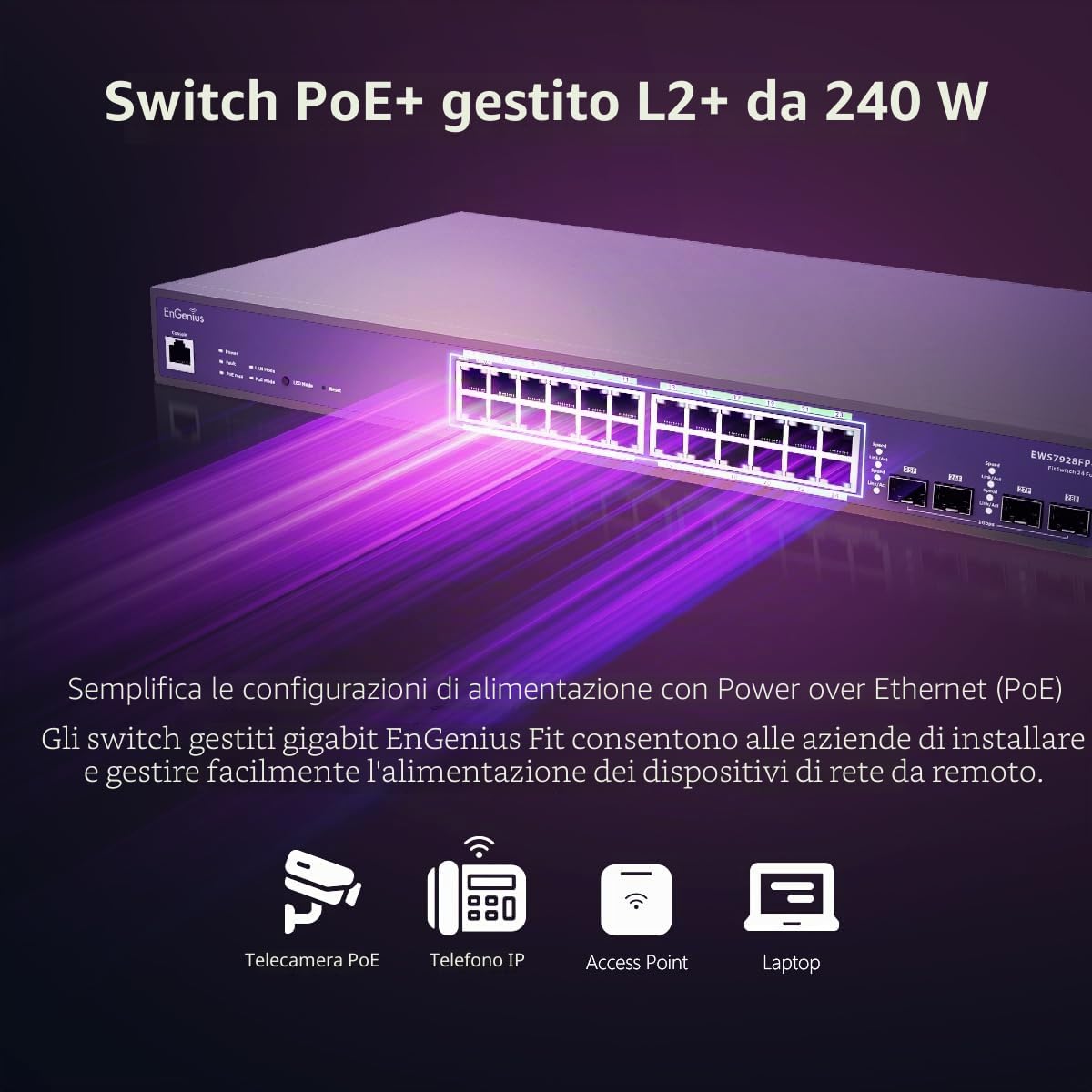 EnGenius Switch gestito PoE+ Gigabit a 24 porte EWS7928P-FIT - Budget 240W, 4 Uplink SFP, funzionalità Enterprise Layer 2+ per reti di piccole imprese