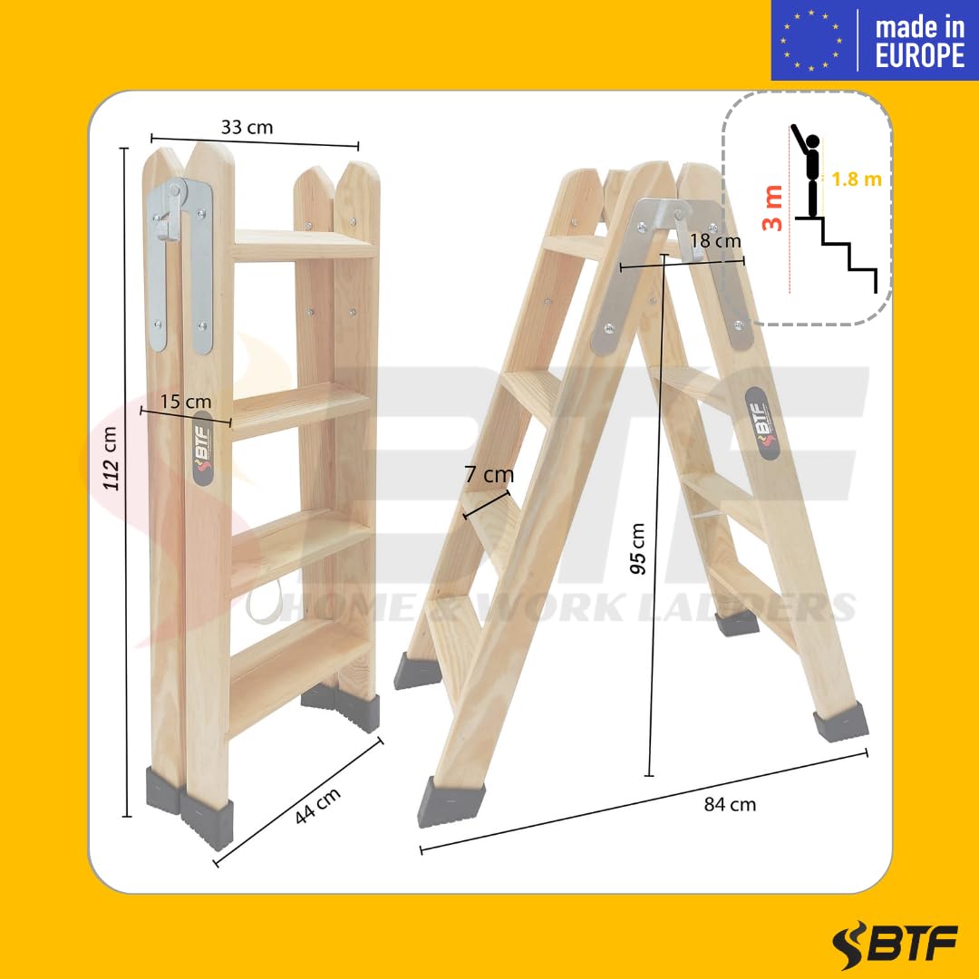 BTF Escaliers en Bois de pin Double montée certifiés |Idéal pour Les Professionnels Peintre, scayoliste, électricien ou même pour Votre Maison! (4+4 Marches)