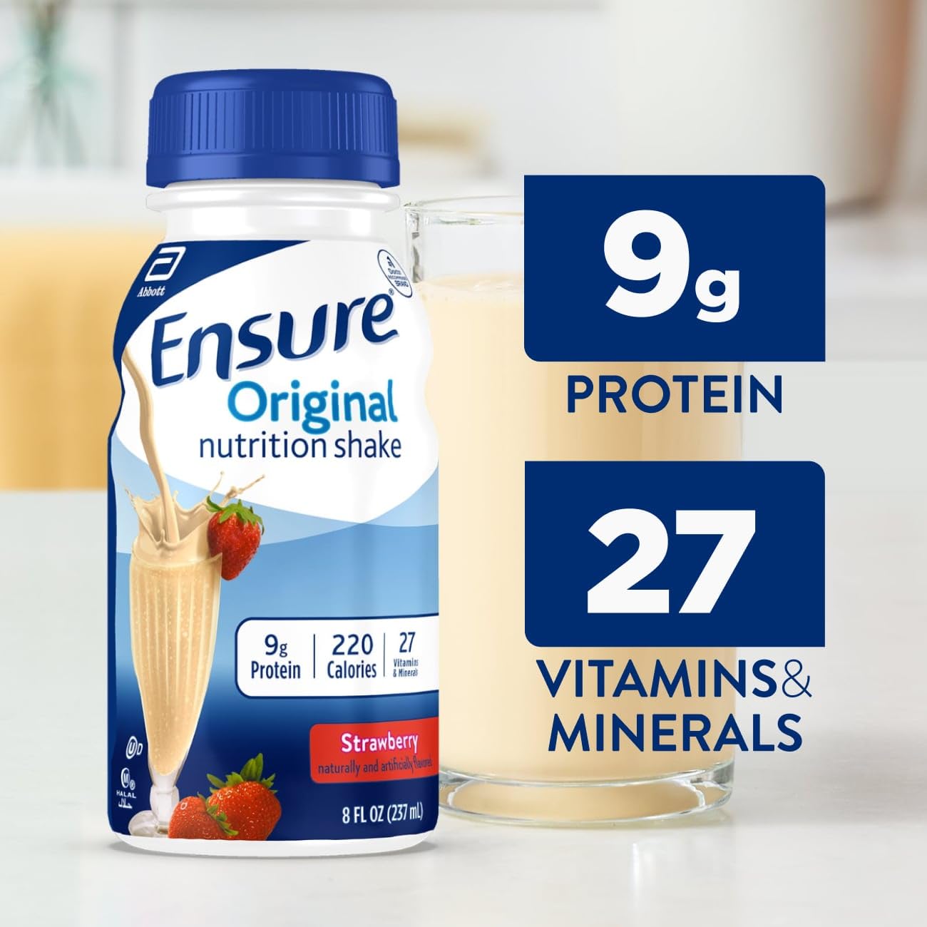 Ensure Original Strawberry Nutrition Shake | Small Meal Replacement Shake | Ready To Drink | 9g Protein, 27 Vitamins and Minerals | 8 fl oz - 24 Pack