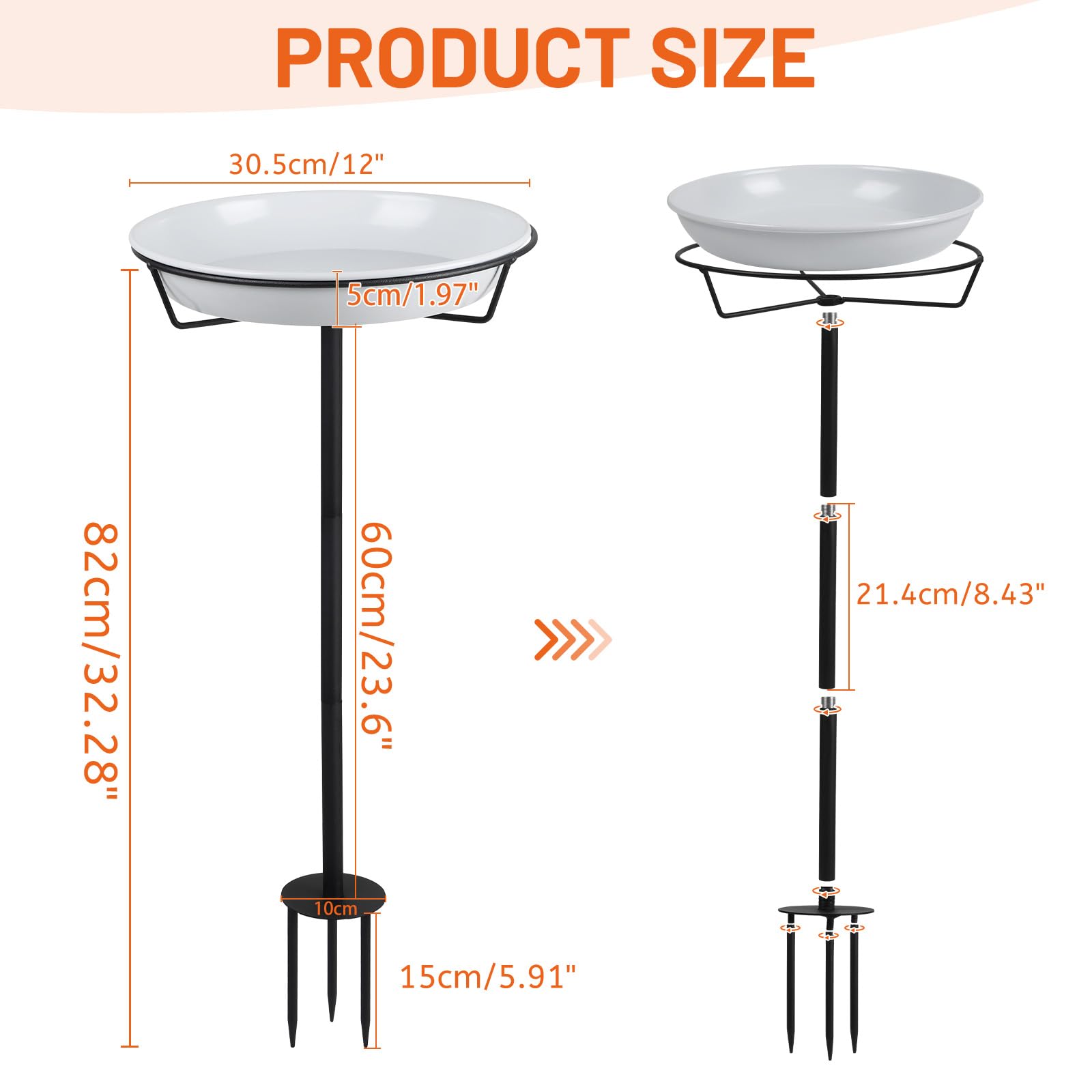 DBREAKS Metalowa kąpiel dla ptaków, stojąca, 30 cm, do użytku na zewnątrz, do ogrodu, z regulowaną wysokością, podpórka pod pręty, duża, odporna na zimę, dla dzikiego ptaka, biała