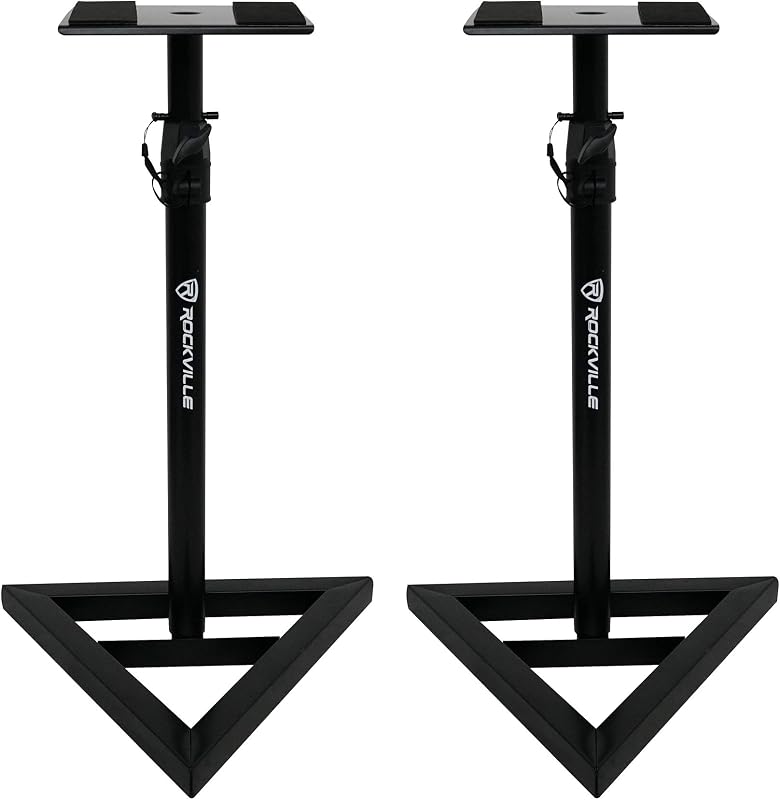 Rockville RVSM1 Par de soportes para parlantes para monitor de estudio de altura ajustable en negro | Rango de altura de 33"-45", capacidad de 80 lb, almohadillas aislantes de EVA, construcción de acero, bloqueo de pasador de seguridad