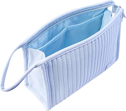 Miniatura 5 de Taysis Pequeña bolsa de maquillaje simple, bolsa de cosméticos simple, resistente al agua, de piel sintética, a rayas, portátil, bolsa de aseo de