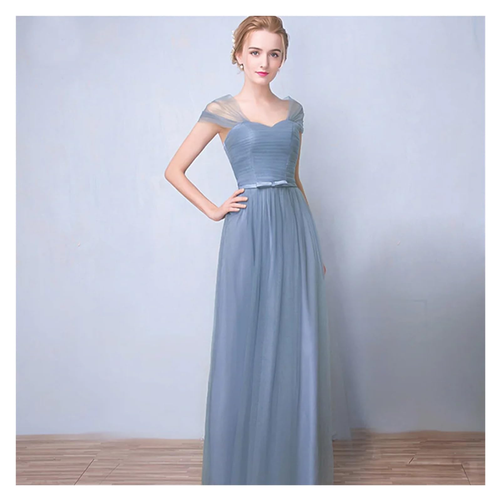 VFIDPSU Robes Demoiselle d'honneur Robe de Demoiselle d'honneur élégante Simple, Gris Bleu, 4 Styles, sans Manches, Classique, en Tulle, Ceinture en Satin, nœud à Lacets, Ligne a(Grey Blue D,16)