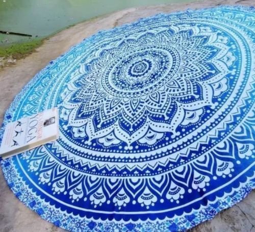 Sophia-Art Indian Mandala Round Beach Throw Tapestry Hippy Boho Gypsy Cotton Tablecloth Lotus Flower Round Cotton Outdoor Beach Towel Roundie (Blue Ombre)