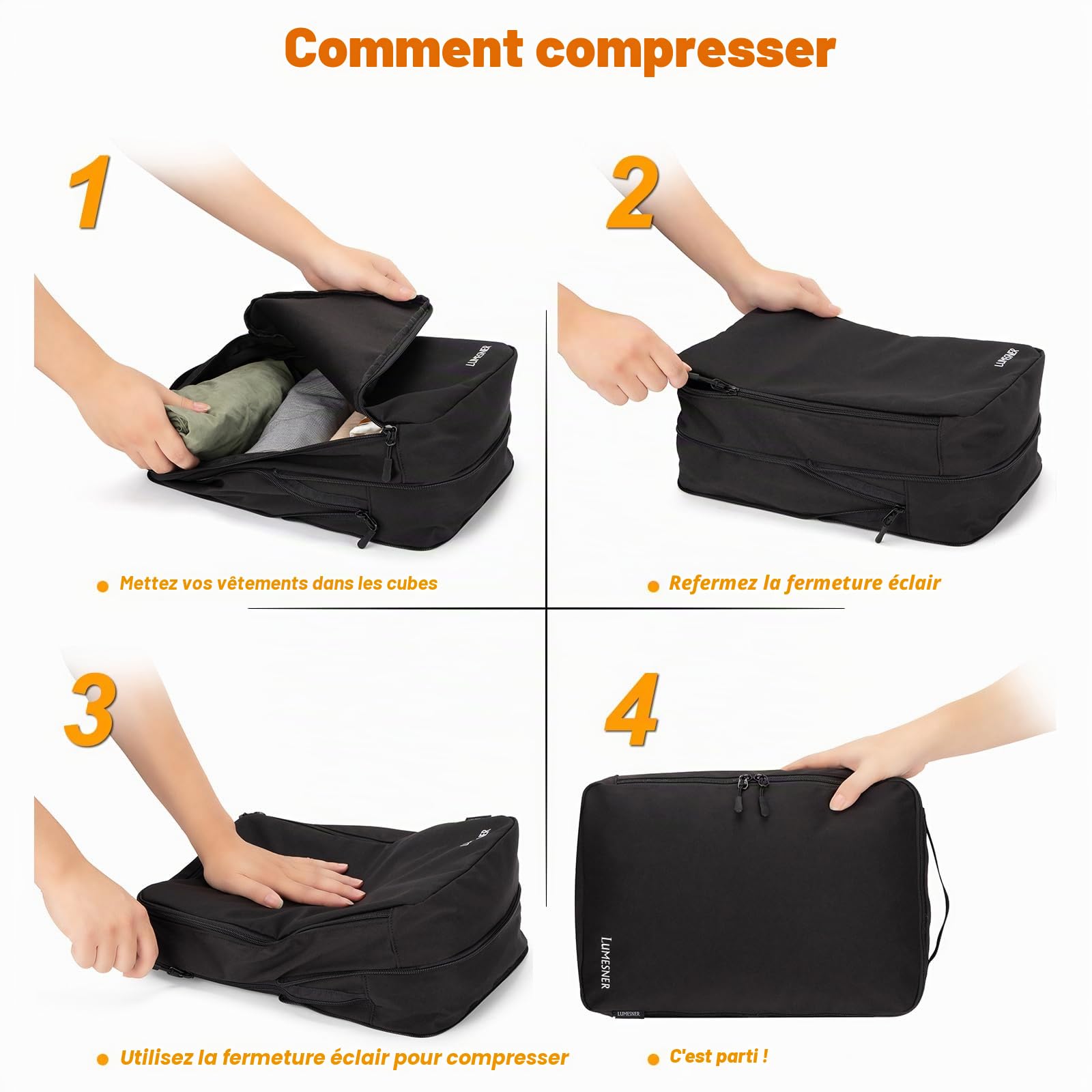 Lumesner Lot de 8 cubes d'emballage de compression pour valises de voyage, organiseurs de sacs de compression et cubes de voyage (8 pièces, noir)