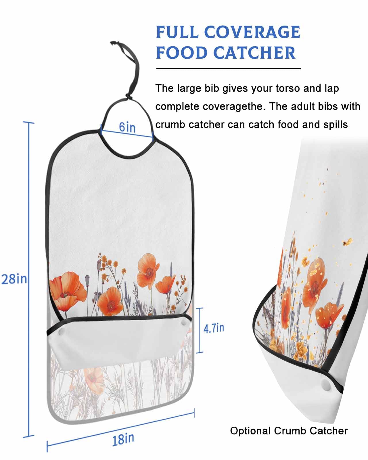 LEOKOTI Orange Spring Floral Adult Bibs for Eating, Waterproof Bibs with Food Catcher & Adjustable Snap Closure, Watercolor Summer Botanical Washable Clothing Protectors Adult Bibs for Elderly
