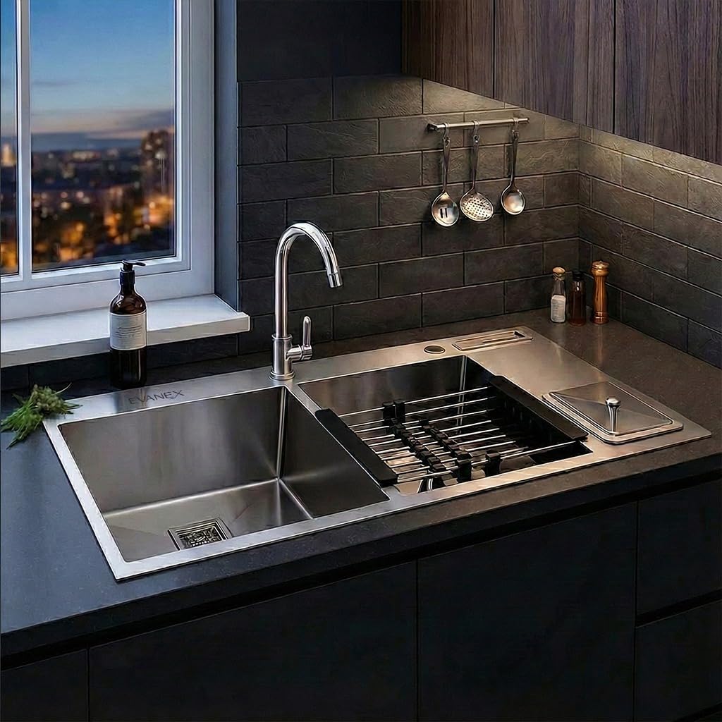 37" x 18" x 10" Handmade Matt Finish Double Bowl 304 Grade Stainless Steel Kitchen Sink (DA-EVANEX-HM-45X20X10 DUSTBIN)-image-13
