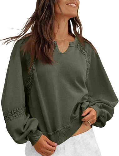 Comfort Colors Sweatshirt Women Lace Patchwork Notch V Neck Oversized Sweatshirt