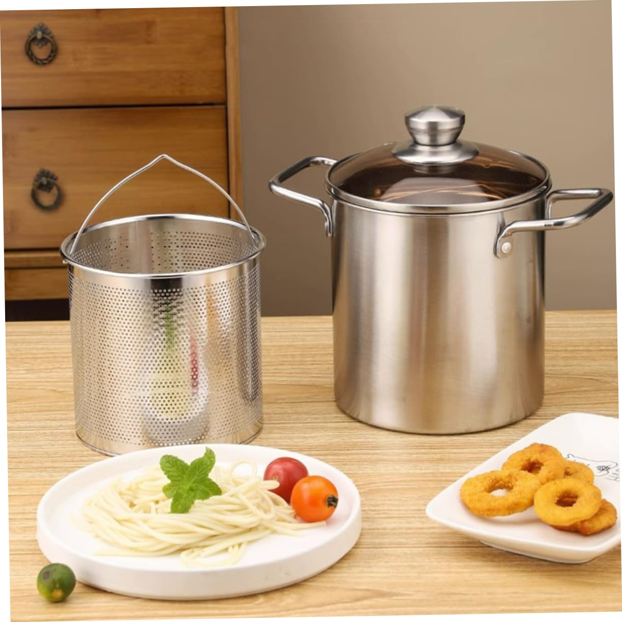 Healifty 1Set Stainless Steel Deep Fryer with Fry Basket Portable Kitchen Frying Pot for Home Cooking Safe Handle Design for Easy Use for Frying Chicken and French Fries