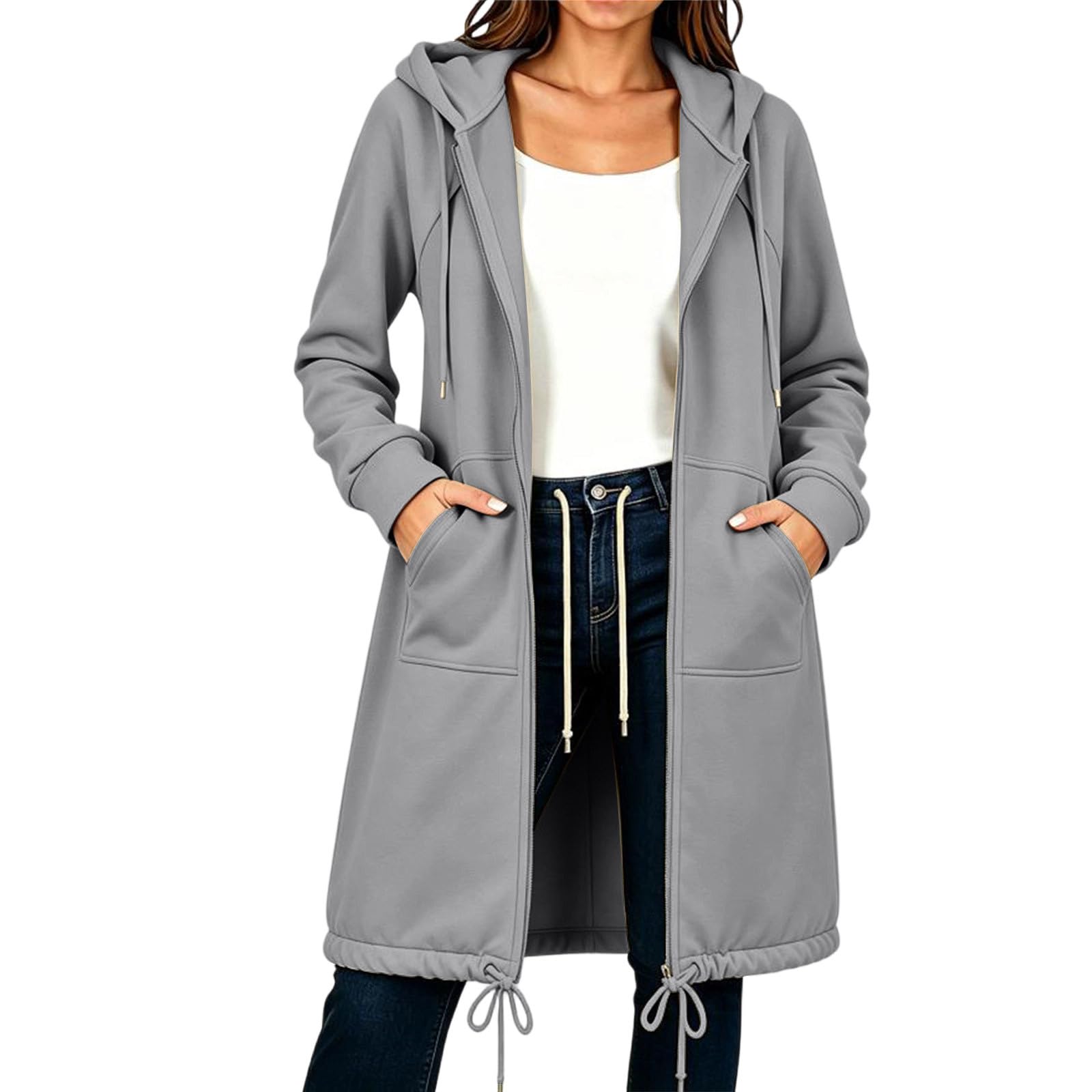 Generisch Sweatjacke Damen Lang Mit Kapuze Hoodie Reißverschluss Elegant Sweatshirt Retro Hoody Leicht Jackenfrühling Freizeit Einfarbig Jacke Mit Taschen Komfort Jacket Mode Kleidung