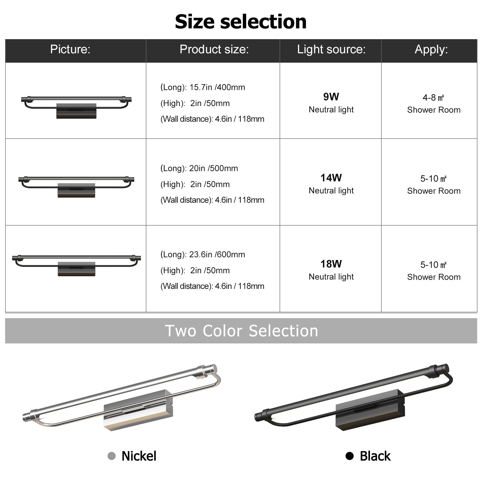 LED Spiegellampe Bad 60cm, 180 Grad Drehung Wandleuchte für bad IP44, 18W 1320 Lumen Spiegelleuchte Bad, Badlampe Wand Aluminium, 4000K, Schwarz