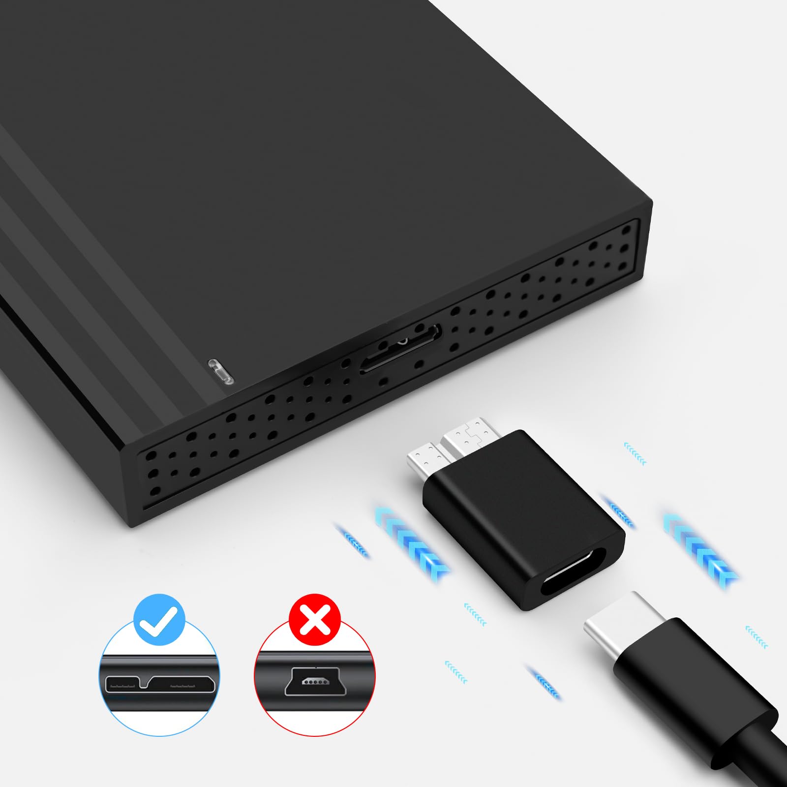 Adapter USB C na USB 3.0 Micro-B do zewnętrznego dysku twardego HDD/SSD, WD, Seagate, Orico/Sabrent, Toshiba, Samsung T5/T7 itd. Czarny