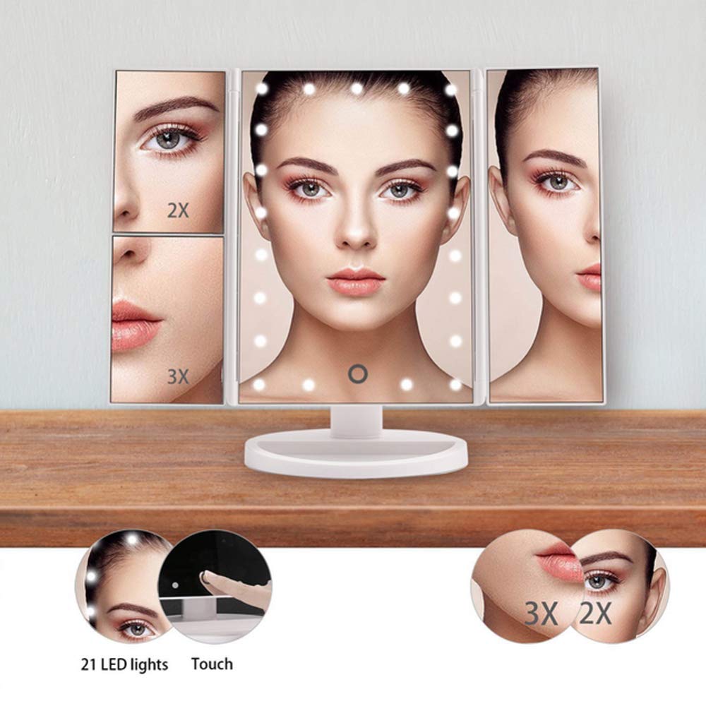 XINYU Espejo De Maquillaje De Tres Pliegues Pantalla Táctil LED Espejo De Maquillaje Lupa De Escritorio Portátil Giratoria De 180 °Se Puede Utilizar para Afeitar Maquillaje Y Cuidado Facial,Black