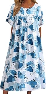 Women's Colorful Smocked Boho Floral Print Maxi Dress Summer Casual Bohemian Crewneck Short Sleeve Dress with Pocket - Buy now
