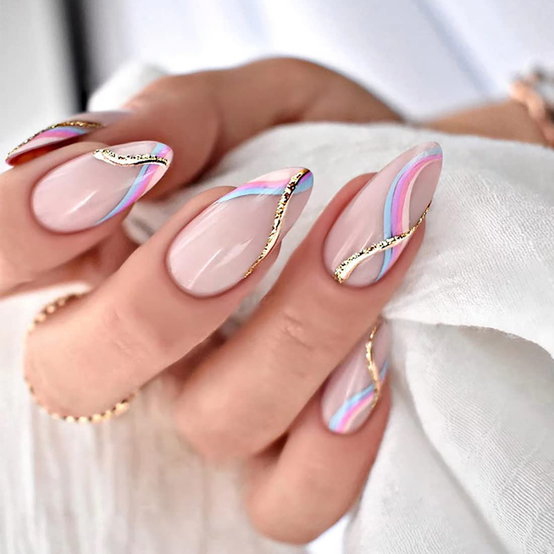 Press on Nails Medium Fake Nails Gold Line Pink Nail Tips French with Colorful Wave Designs False nails Almond Shaped Full Cover Coffin False Nails,for Women and Girls Manicure 24 Pcs