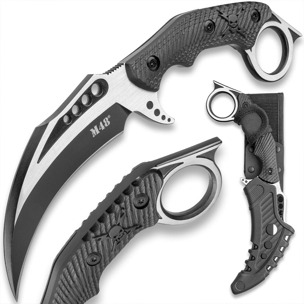 M48 Liberator Falcon Karambit Knife | Vortec Belt Sheath | Cast Stainless Steel Blade | Black Oxide Coating | Injection Molded Nylon Handle | Open Ring Pommel | Necessity for Mission Gear | Overall 10”