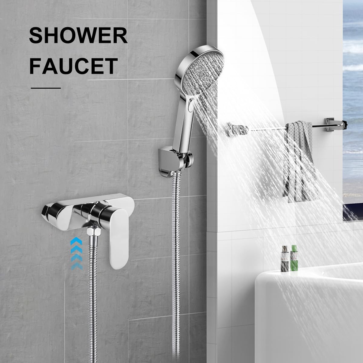 Monomando Ducha Plateado, Grifo Bañera, Montaje En Pared Y G1/2 Salida Inferior, Grifo Monomando Ducha Cromo, Accesorios De Baño