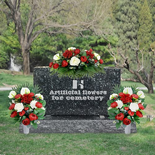 Henomo Cemetery Flower Saddles For Grave, Artificial Silk Flower Arrangement For Headstones, Tombstone Memorial Bouquet Including Vase - Red Camellia & White Rose Mix Graveside Decorations #TOP1