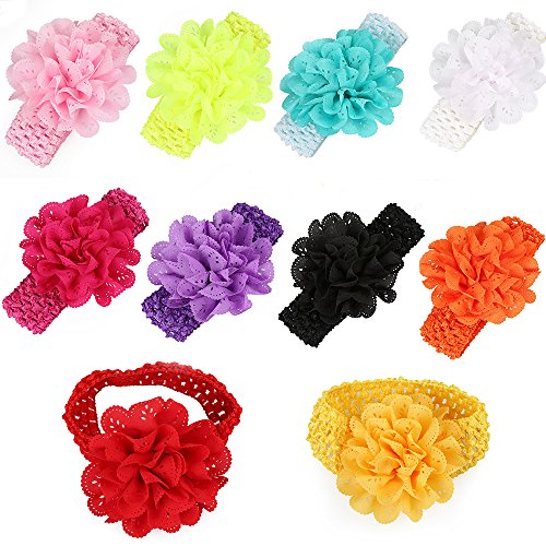 EagleUS Pack of 10, Kids Girl Baby Toddler Wave Edge Mesh Hair Headband with Large Lace Flower (Multi-color #1)