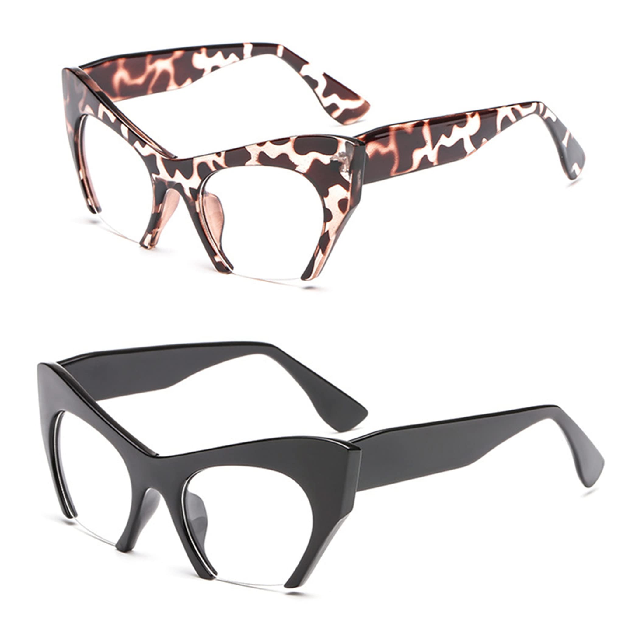 bullabulling Fashion Half Moon Cat-Eye Reading Glass For Women Half-Rim Eyeglass Frame Large lens (leopard/black, 2.5)