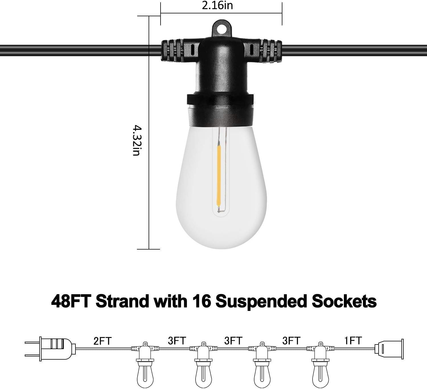 SUNTHIN Outdoor String Lights 48FT with 240W Outdoor Dimmer for String Lights, Wireless Remote Control Dimmer 50Ft Distance Auto Off Switch Timer for LED Strings Lights