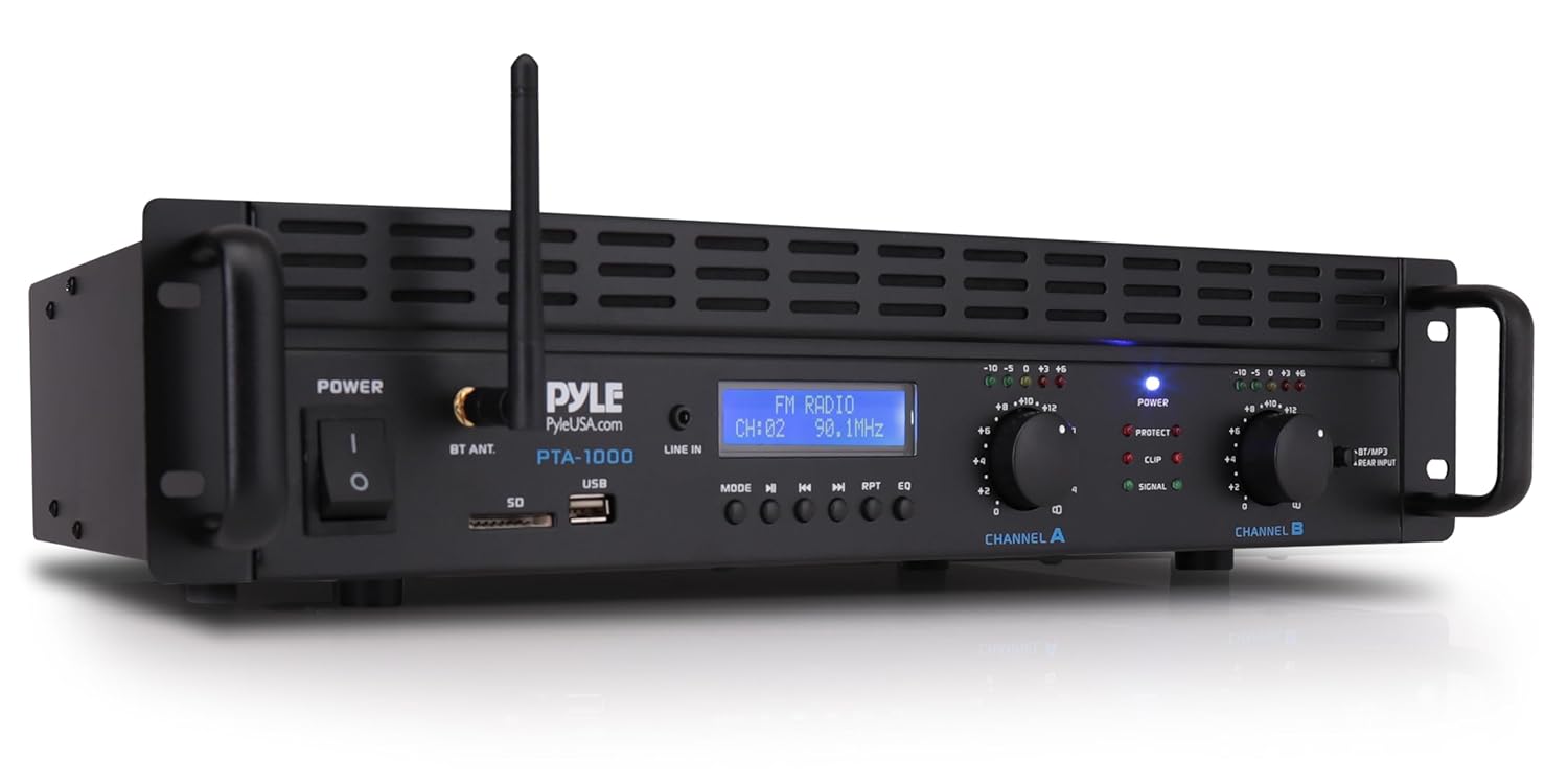 Pyle 2-Channel Rack Mount Power Amplifier with Bluetooth - 2000W Bridgeable with TRS XLR Input, Speakon Outputs, USB-A Input with MP3 Player, Bridge Mode, Cooling Fan, LED Level Meters - PTA1000BT