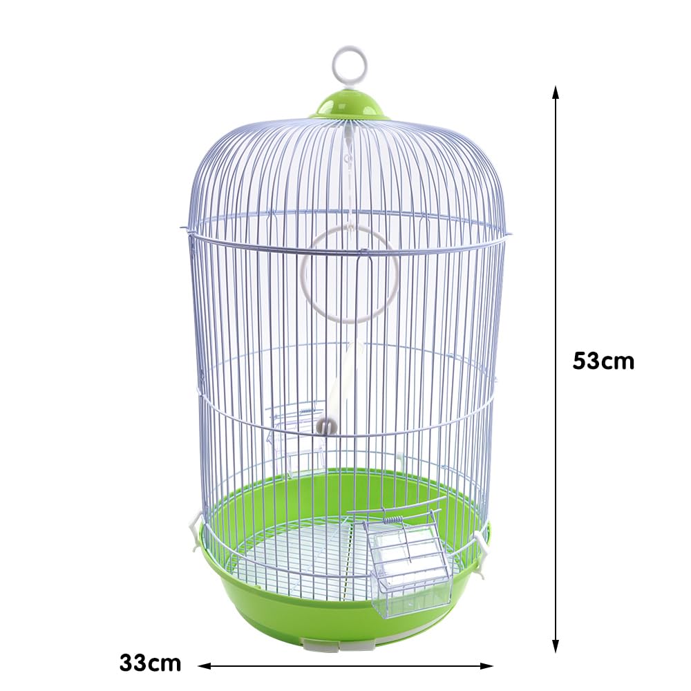 Jaula Alta Redonda para Canarios y Aves Pequeñas 53 cm Estructura Metálica con Base de Plástico Bandeja Extraíble Comedero y Percha (Verde)