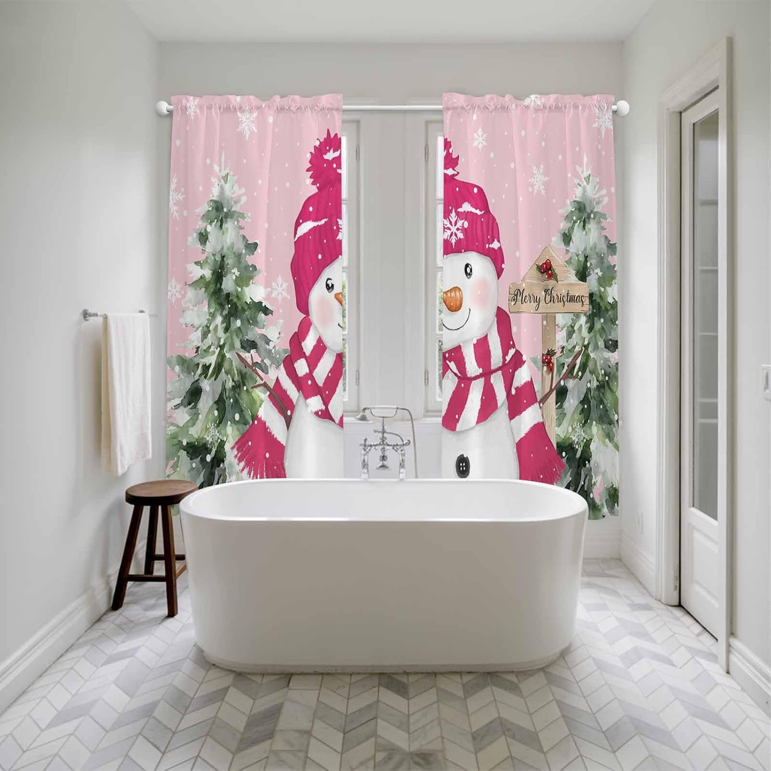Pink Christmas Window Curtains 72 Inch Long 2 Panel Set, Rod Pocket Long Curtains & Drapes, Winter Snowman Pine Tree Snowflakes Light Filtering Window Treatment for Bedroom Living Room 52"W x 72"L