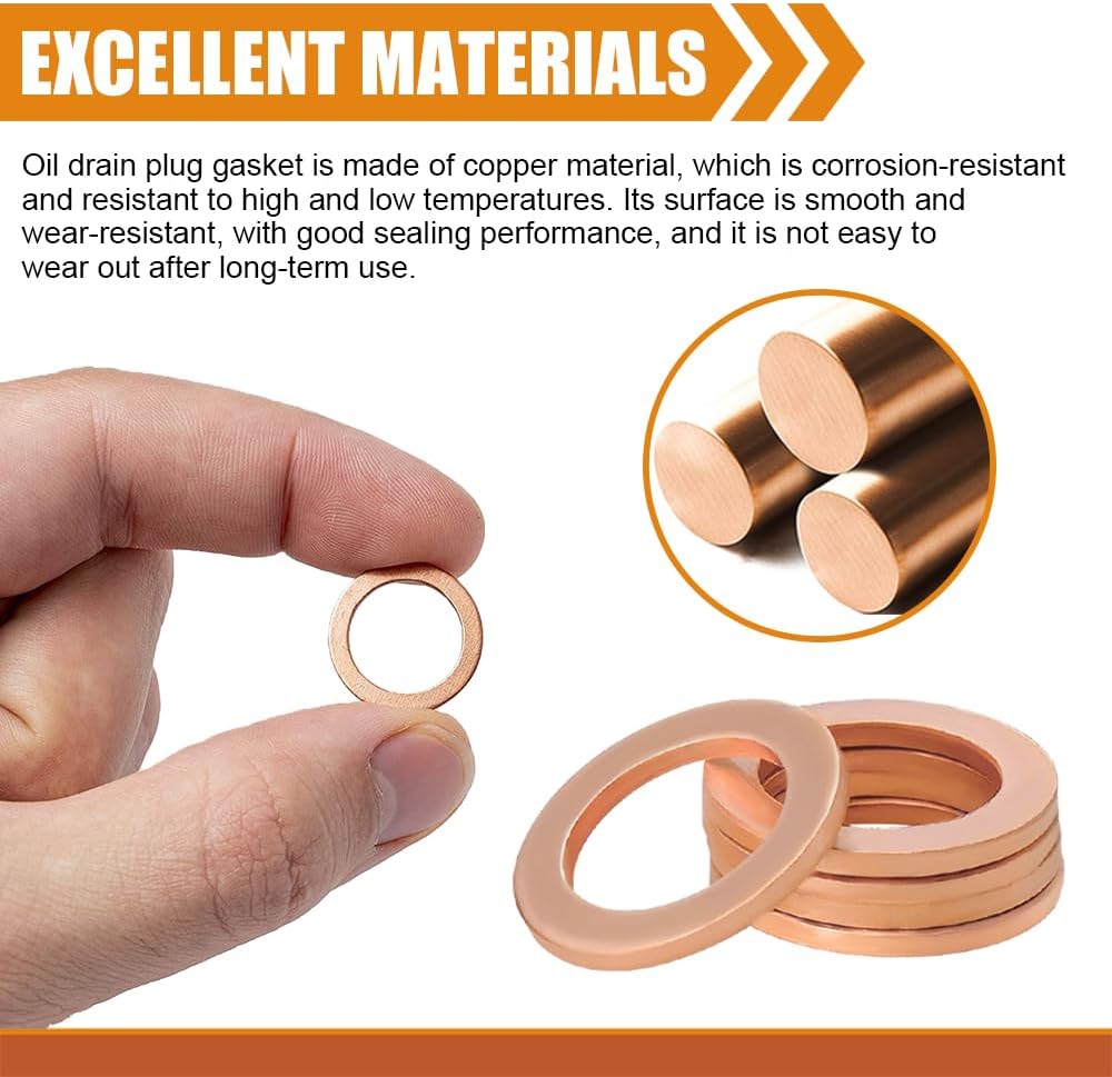 10 PCS Oil Drain Plug Gasket, 14mm Cooper Crush Washer Oil Sealing Gaskets, Automotive Replacement Drain Plug Gaskets Compatible with OEM PN Part 007603-014106, Car Accessories