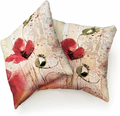 Miniatura 2 de Beabes Fundas de cojín vintage de amapolas rojas, flores, brotes verdes, plantas, acuarela, dibujadas a mano, cuadradas, suaves, fundas de almohada