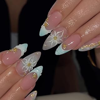 24pcs French Tip Press on Nails Medium Almond Fake Nails with 3D Floral Gold Starfish Pearl Design Summer Cute Flower False Nails Beach Acrylic Nails Fake Nails Stick on Nails for Women