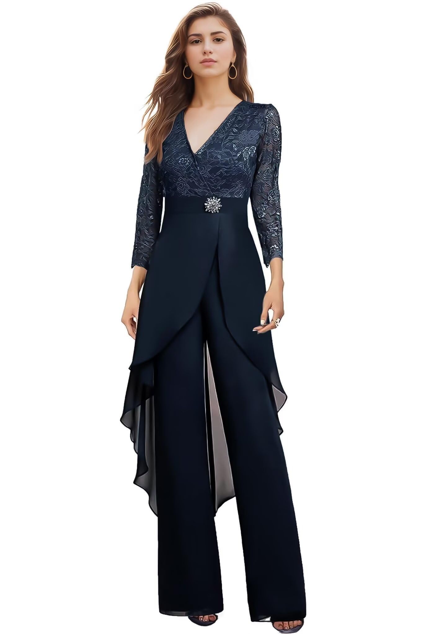 2 Pieces Mother of The Bride Pant Suits for Wedding - Long Sleeve Chiffon Lace Applique V Neck