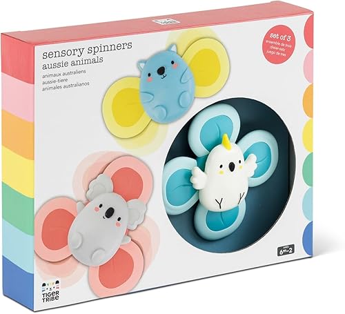 Tiger Tribe Spinners sensoriales para bebés, juego de animales australianos, masticables, sonajeros con ventosas, estimula las habilidades