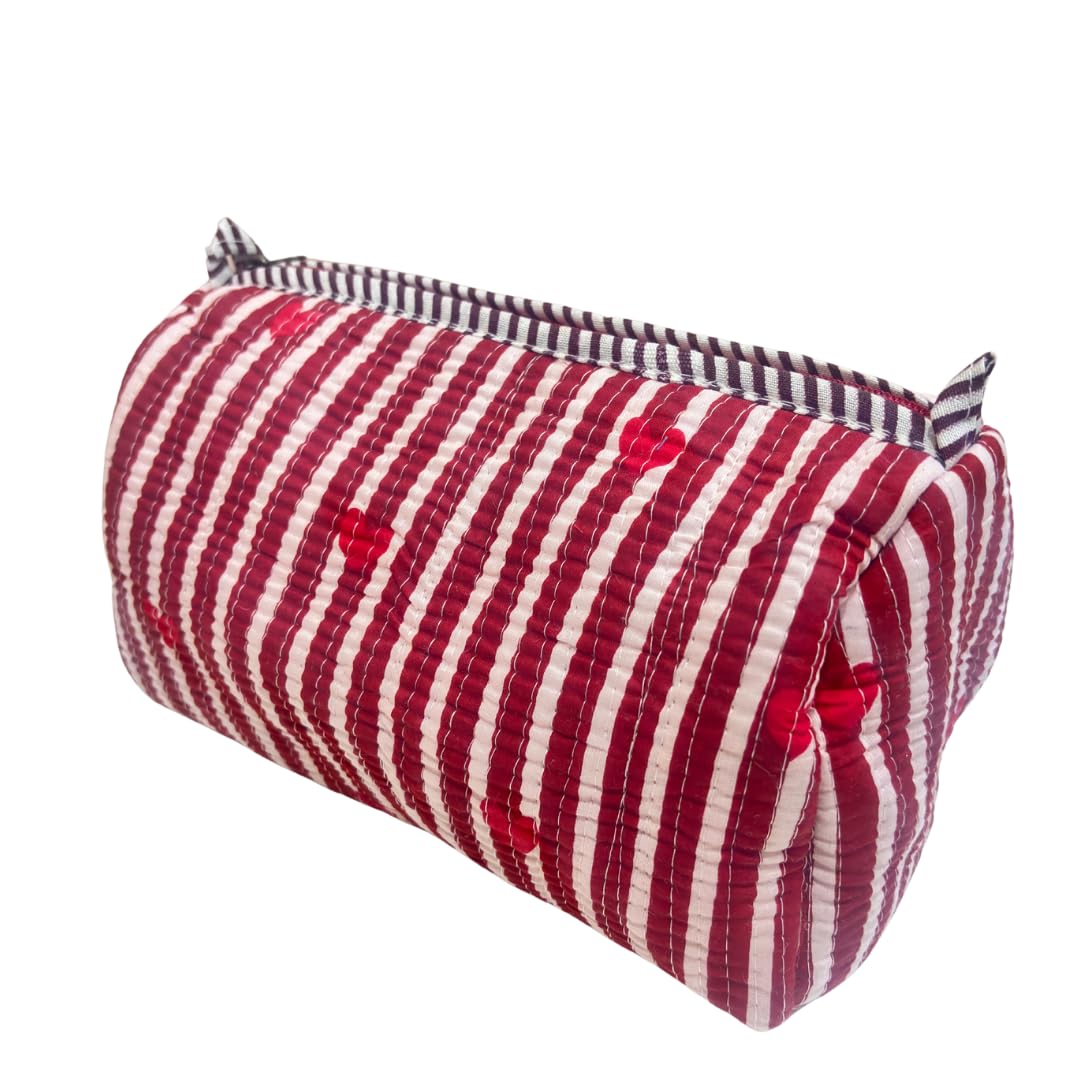 Quilted Cotton Travel Organizer Bag Set of 3 β Waterproof Toiletry Pouch, Cosmetic Makeup Bag & Multipurpose Travel Pouches for Women & Men, Handcrafted Block Print (Heart Red) 3