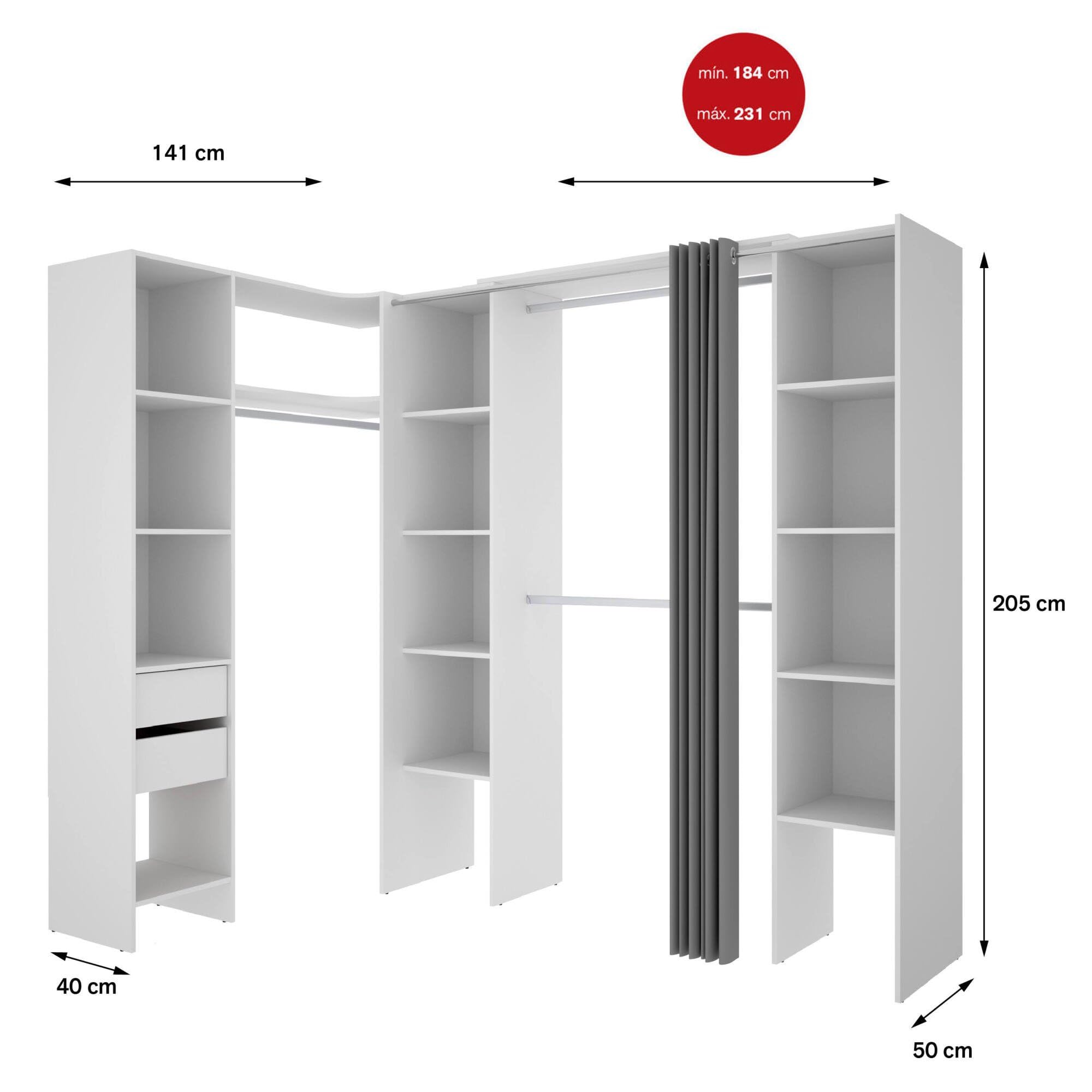 Dmora - Guardaroba grande Bestone, Mobile camera da letto, Cabina armadio portabiti, Armadio appendiabiti, 234x141 h205 cm, Bianco