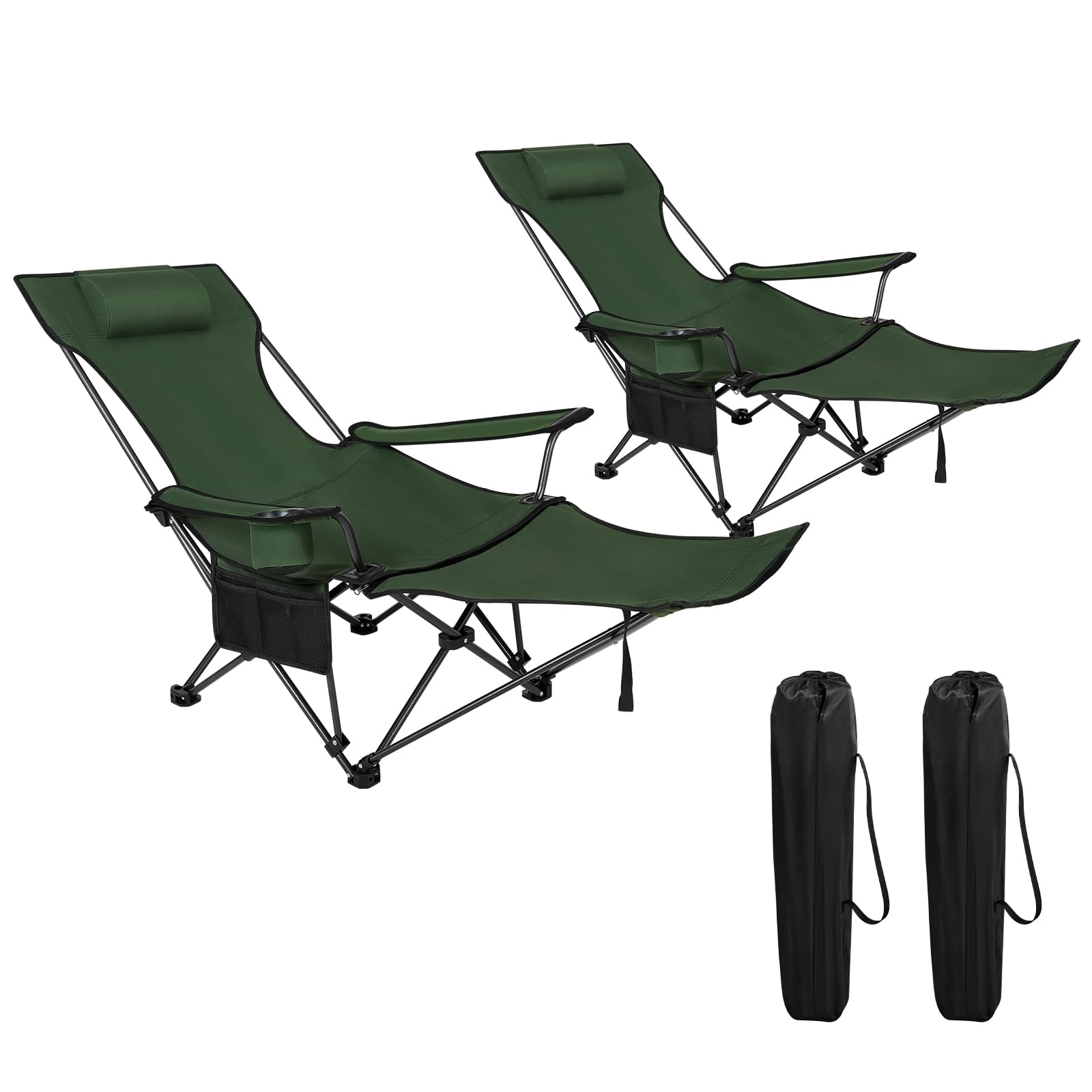 WOLTU Juego de 2 Silla Camping Plegable, Tumbona Camping Portátil con Portavasos, Reposacabezas y Bolsa Lateral, Marco de Acero, Carga Máxima 150 kg, para Picnic, Playa, Jardín, Pesca, Verde