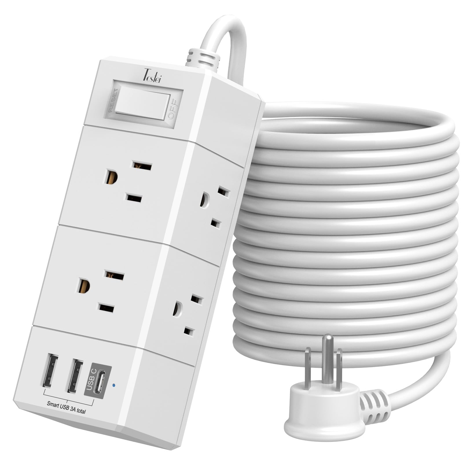 15Ft Extension Cord Flat Plug Power Strip - Tcstei 3-Side Outlet Extender with 6 AC Outlets and 3 USB Ports (1 USB C), Compact for Home, Office, Dorm