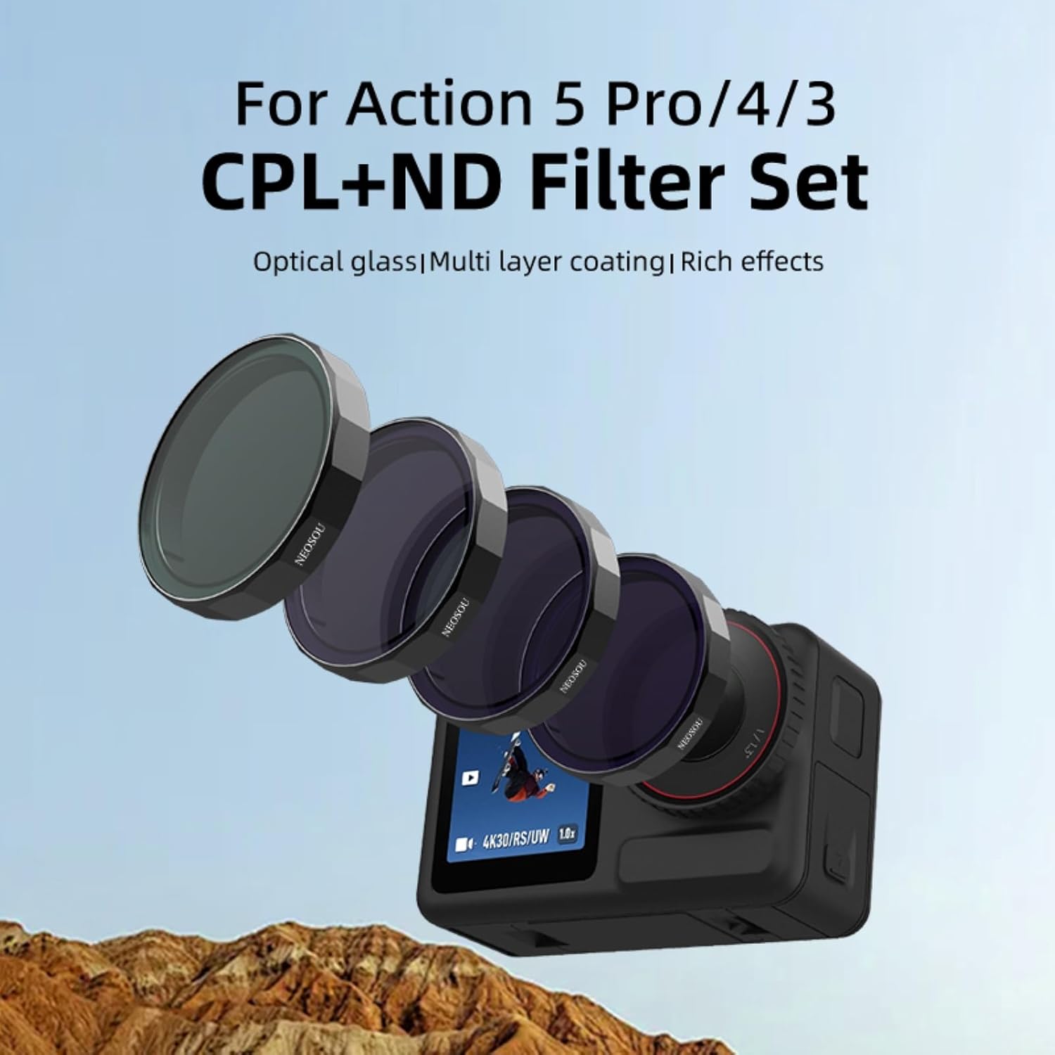 Osmo Action 5 Pro ND Filter Set, 4-Pack CPL ND8 ND16 ND32 Polarizing Neutral Density Filter HD Optical Glass/Multi Coated Lens Protector Cover for DJI Action 5/4/3 Accessories