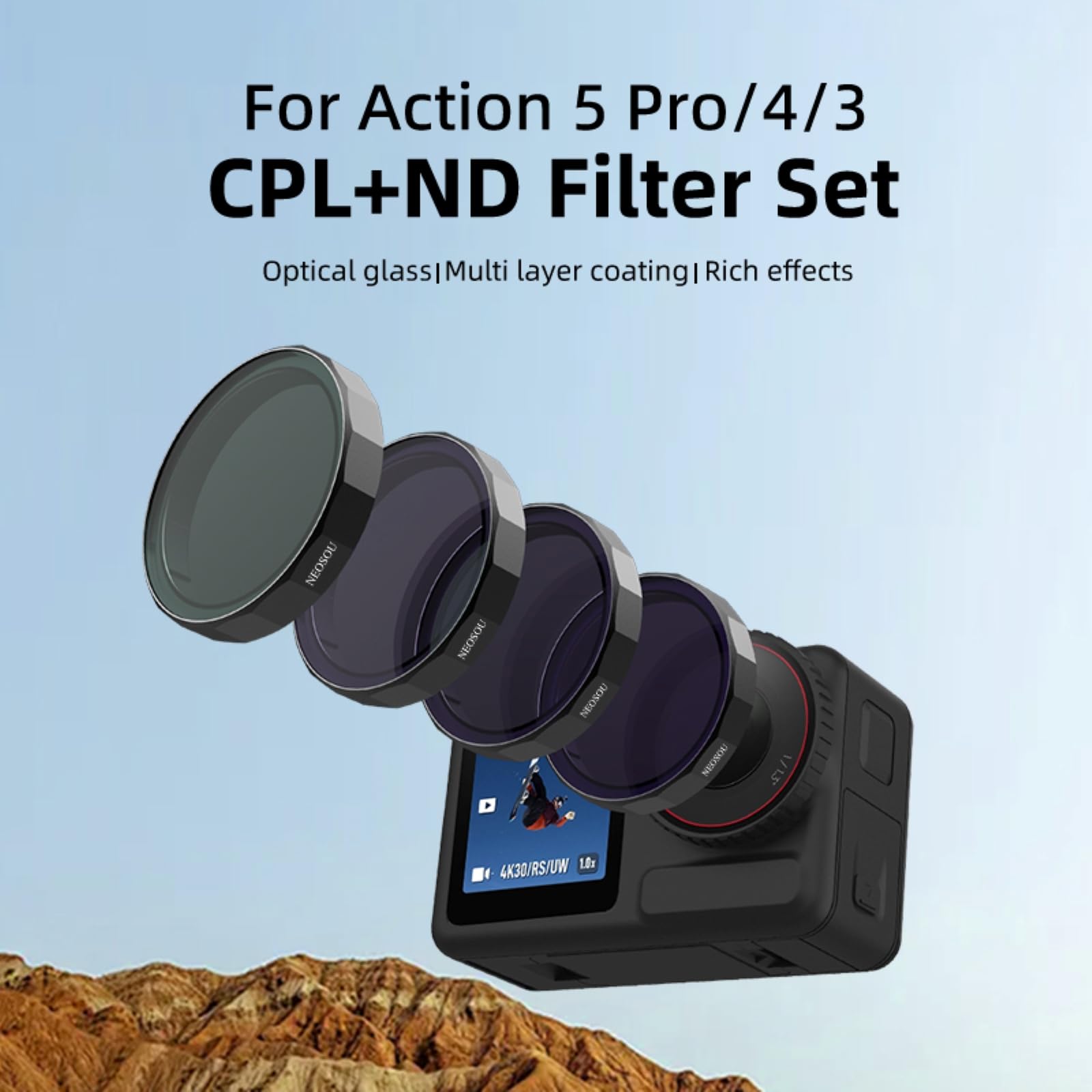 Osmo Action 5 Pro ND - Set di 4 filtri polarizzanti a densità neutra CPL ND8 ND16 ND32, in vetro ottico HD, copertura protettiva per obiettivo multistrato per DJI Action 5/4/3 accessori