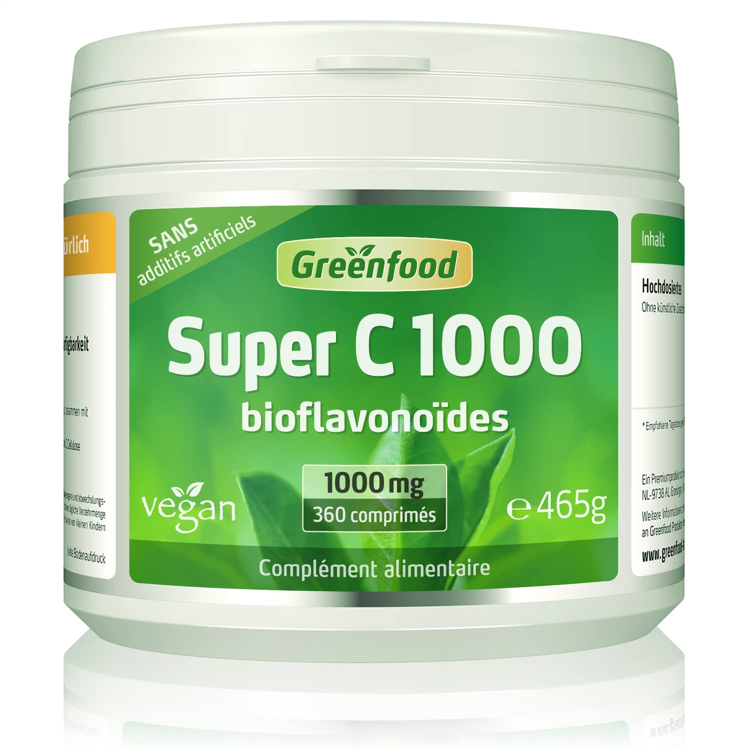 Greenfood Super C 1000, 360 comprimés - SANS additifs artificiels | 1000 mg de vitamine C par comprimé, acérola, bioflavonoïdes, haute biodisponibilité, testé en laboratoire, sans OGM, vegan