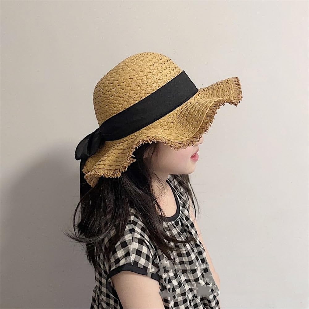 Cappello di Paglia Traspirante per Bambini Cappello da Sole Estivo da Spiaggia for Bambini, Grande Cappello di Paglia con Fiocco, 52 cm