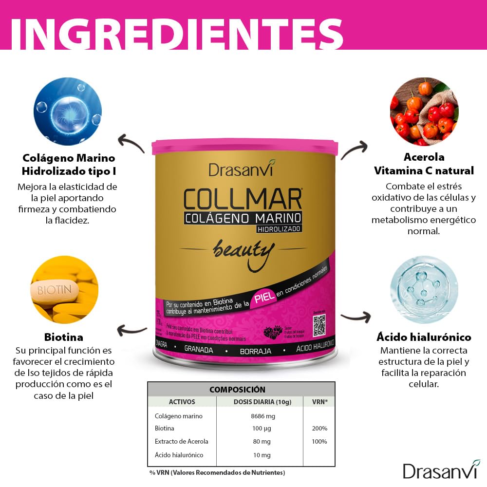 DRASANVI COLLMAR BEAUTY COLAGENO MARINO PARA LA PIEL, Colageno Hidrolizado con Vitamina C Natural, Biotina y Acido Hialuronico, Piel Bonita e Hidratada, Sabor Frutos del Bosque, 275 GR